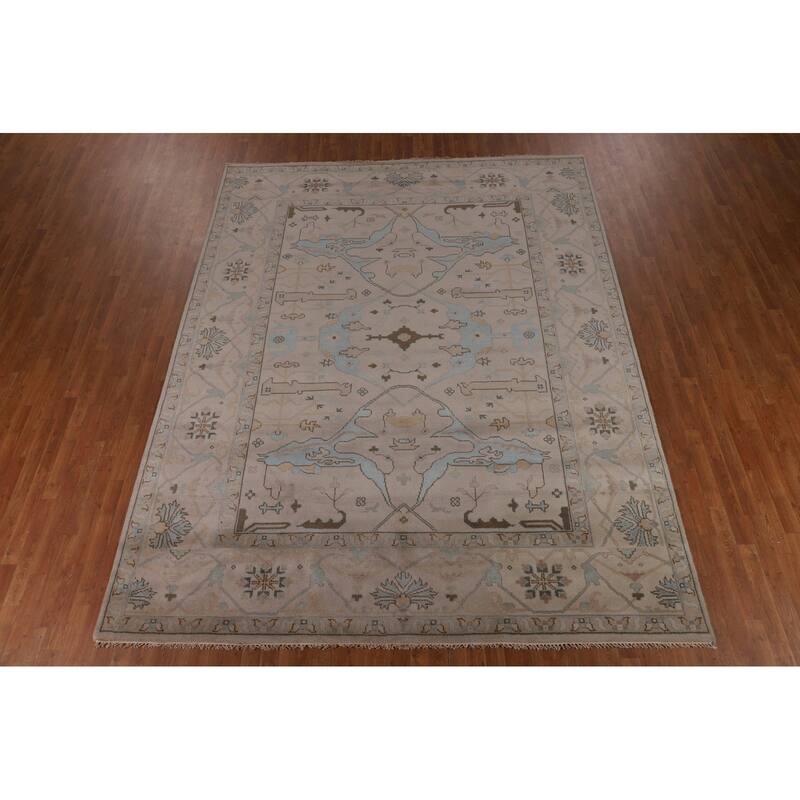 All-Over Beige Oushak Indian Area Rug Hand-Knotted Wool Carpet - 9'2" x 11'8"