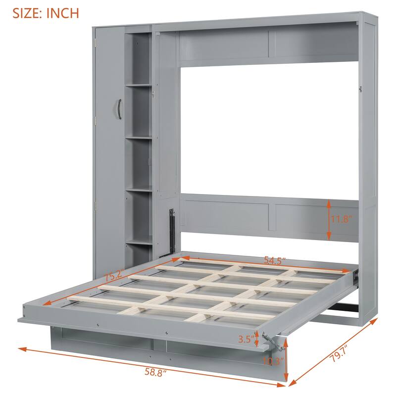 Space-Saving Full Size Wall Bed with Shelves, Wardrobe, and LED Lights, Gray