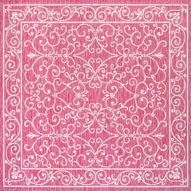 JONATHAN Y Filigree Textured Weave Indoor/Outdoor Area Rug - 5' Square - Fuchsia/Light Gray