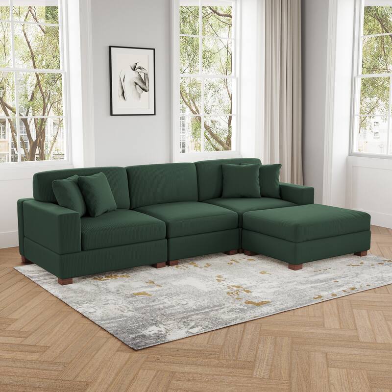 Ella 82" W/ 118" W Corduroy Modular Sectional Sofa with Ottoman