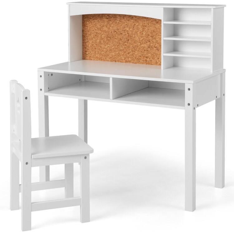 Kids Desk and Chair Set with Hutch and Bulletin Board for 3+ Kids - 31" x 15.5" x 33.5" (L x W x H) - White