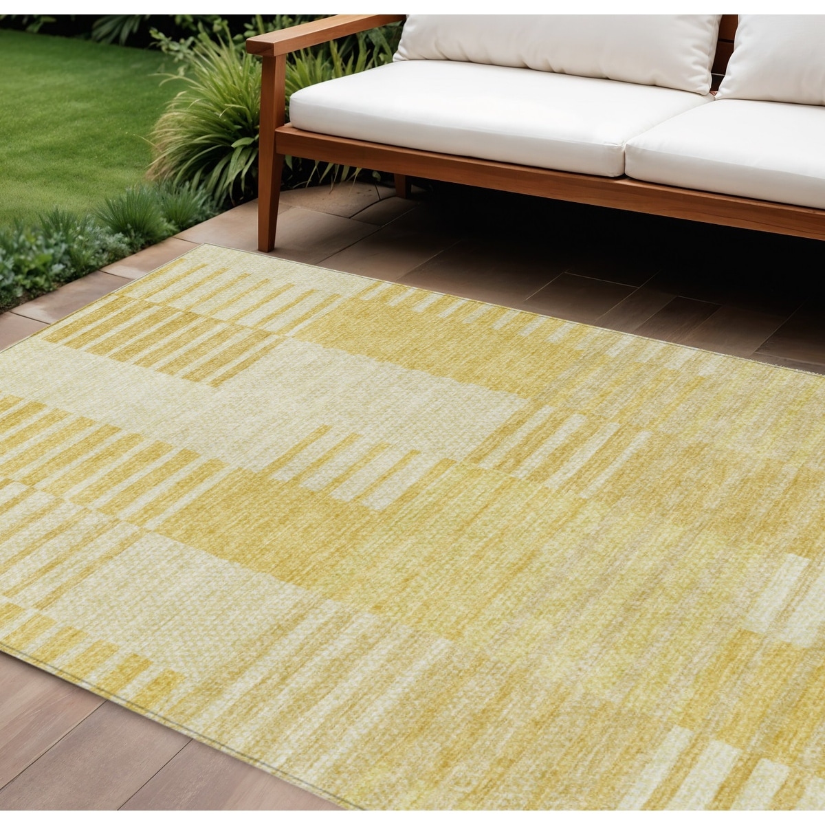 9' X 12' Gold Wheat And Ivory Striped Washable Indoor Outdoor Area Rug - 9'3" x 12'3"