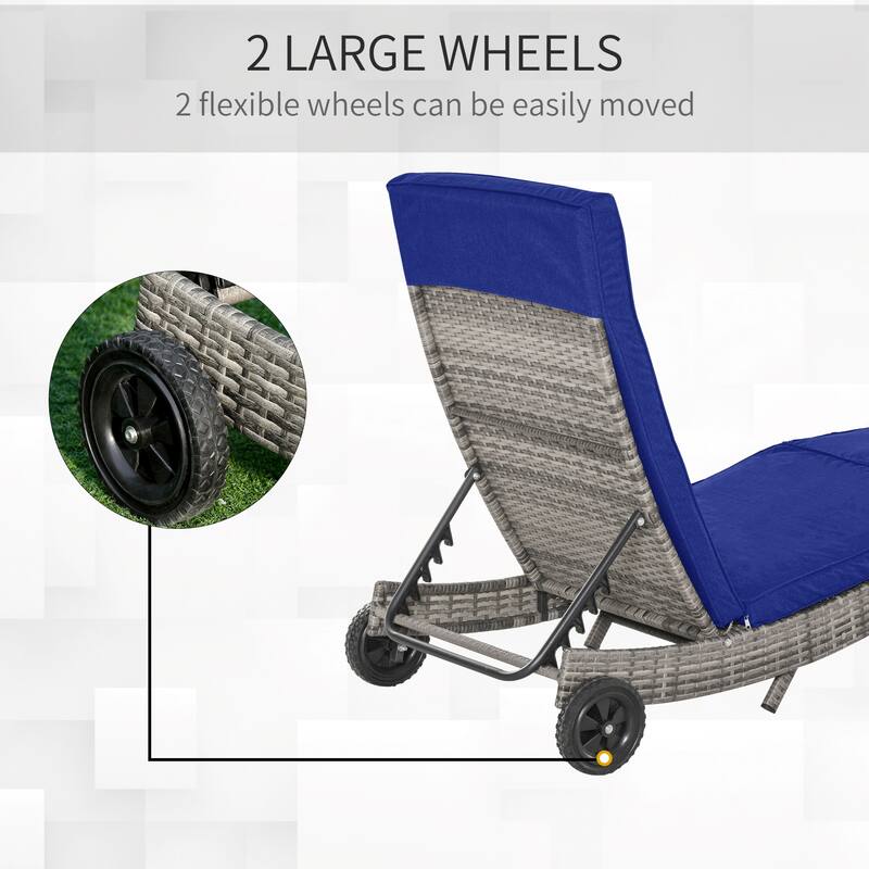 Outdoor Rattan Cushioned Chaise Lounge Chair Patio Sun Lounger with Wheels and Adjustable Backrest for Poolside