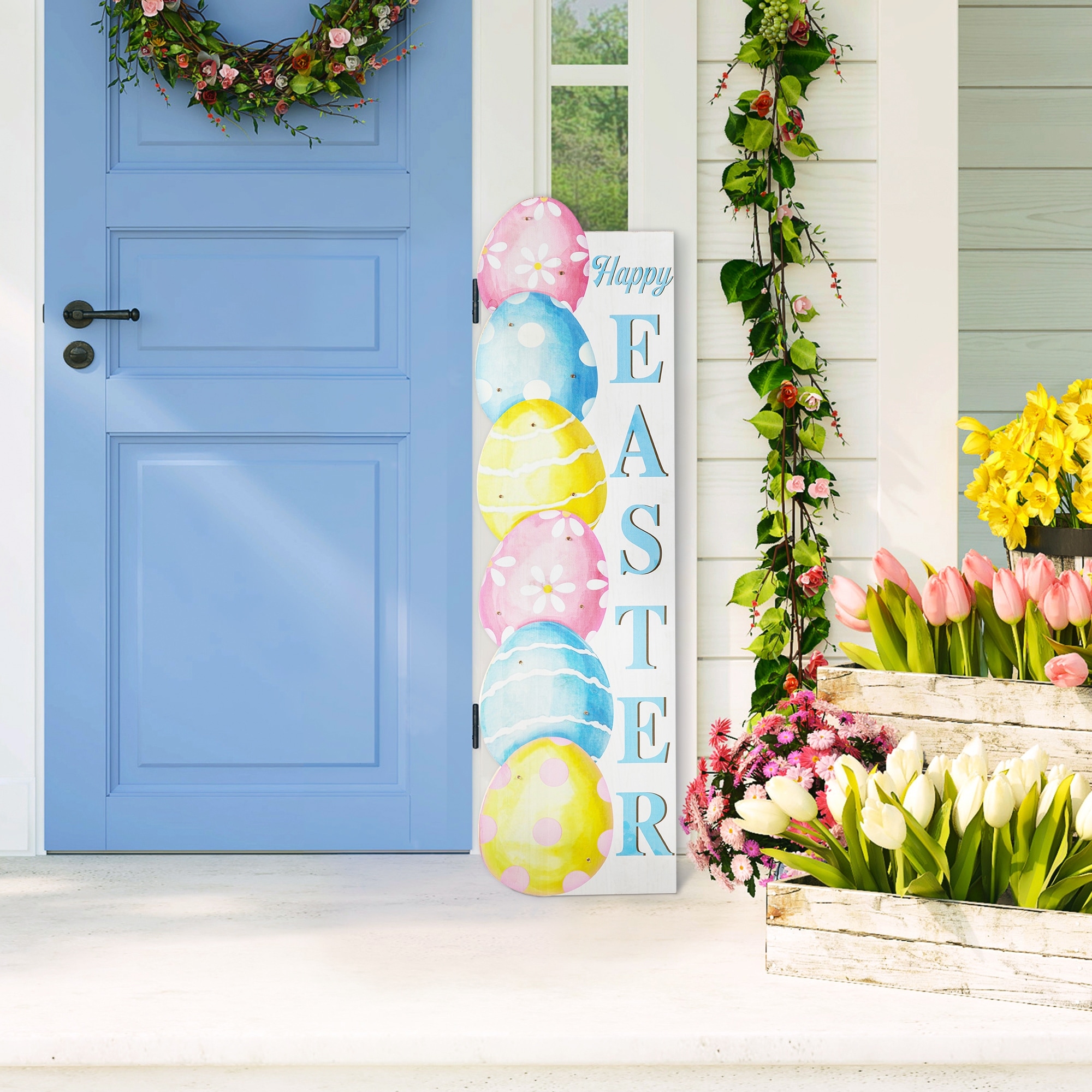 Glitzhome 42"H Lighted Wooden Stacked Eggs Happy Easter Porch Sign with Timer
