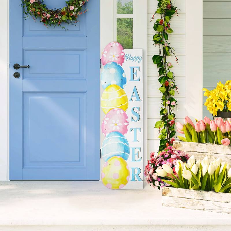 Glitzhome 42"H Lighted Wooden Stacked Eggs Happy Easter Porch Sign with Timer