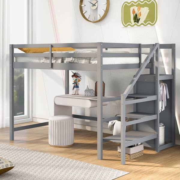 slide 2 of 18, Modern Style Full Size Loft Bed withStaircase and Built-in Storage Wardrobe. Grey