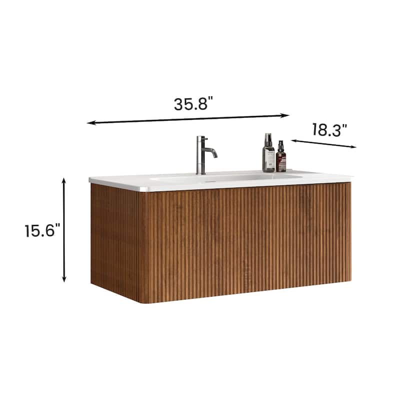 36" Striped Wall-Mounted Bathroom Vanity with Ceramic Sink, Modern Floating Vanity for Bathroom