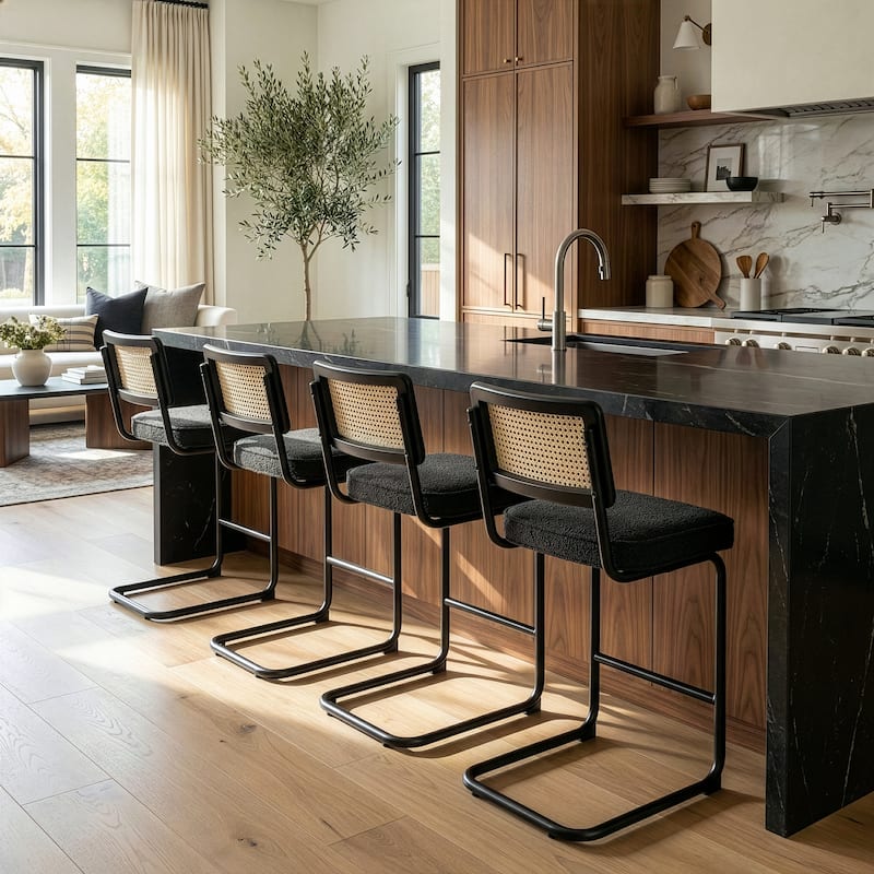 Set of 2 Ayers Black Fabric Counter Stool with Rattan Backrest and Black Steel Legs