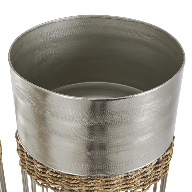 Metal Textured Dome Indoor Planter with Woven Seagrass or Rattan and Cage Rod Base - Set of 3 Gold or Silver - Roche River Decor