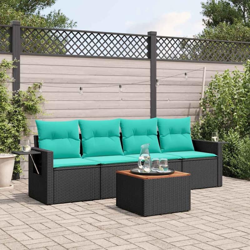 vidaXL 5 Piece Patio Sofa Set with Cushions Black Poly Rattan - 21.7" x 24.4" x 27.2" - Black and blue