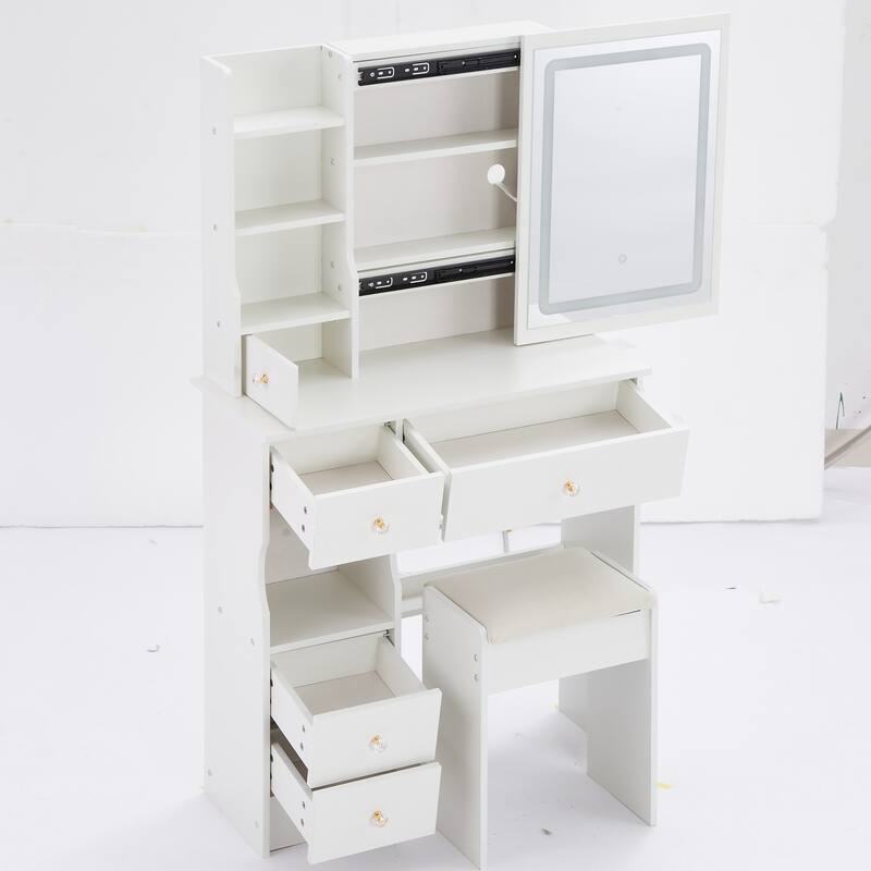 29.2" Small Size Left Drawer Desktop Vanity Table + Cushioned Stool, 2 AC+2 USB Power Station, Hair dryer bracket