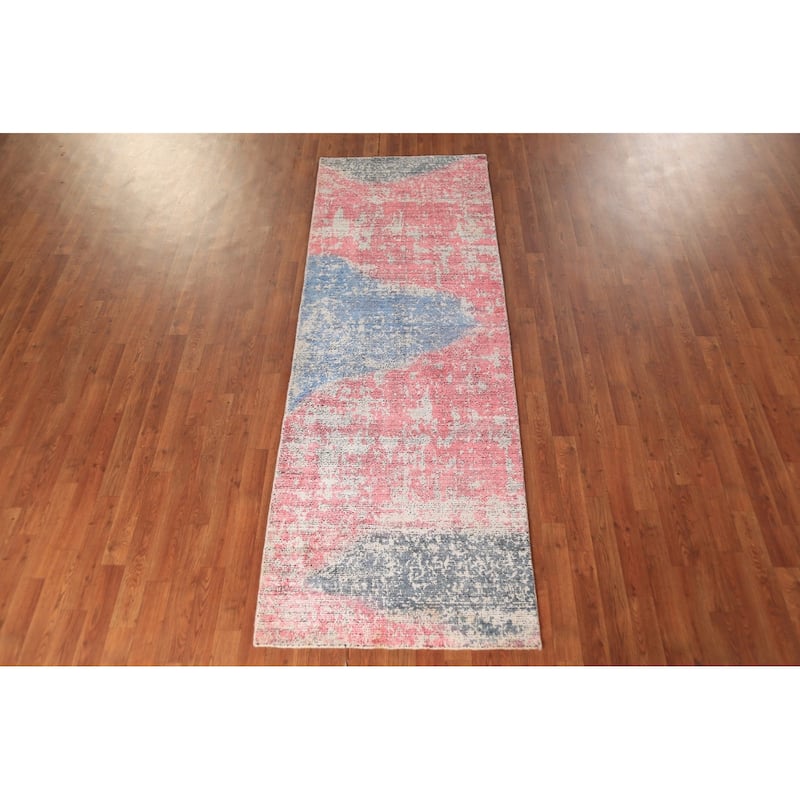 Contemporary Abstract Oriental Runner Rug Handmade Wool Carpet - 2'11"x 8'3"