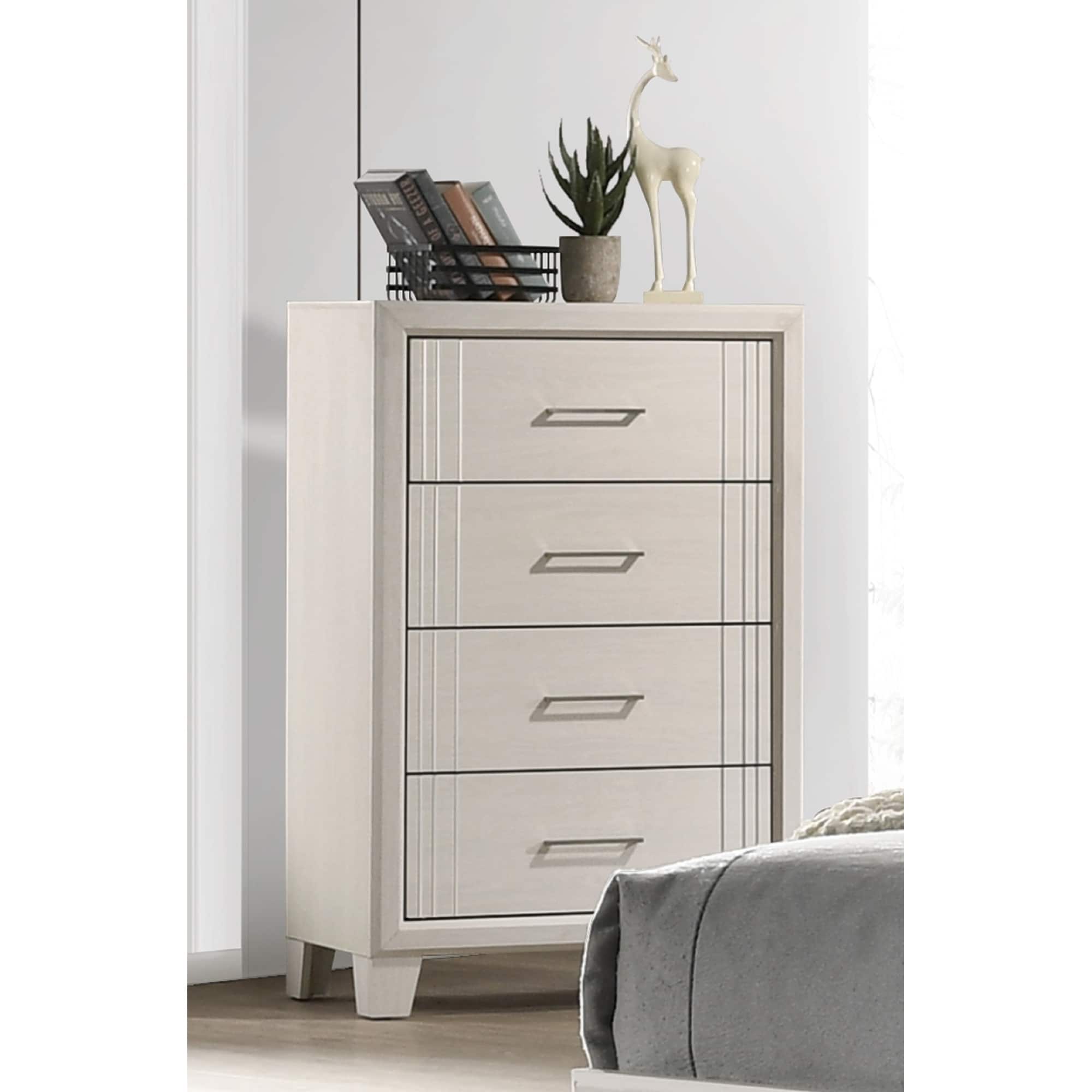 1pc Contemporary Four-Drawers Chest Bed Side Cabinet Wooden Furniture White/Beige Color