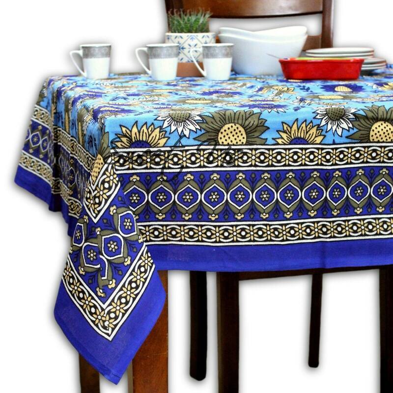 Cotton Sunflower Multi Floral Tablecloth Rectangle - 70 x 104 in - Blue
