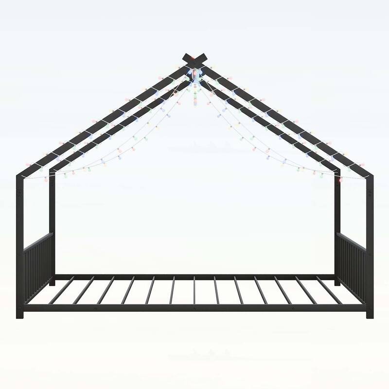 Platform Bed with LED light strips,roof-shaped iron frame,and low profile design for safety and style