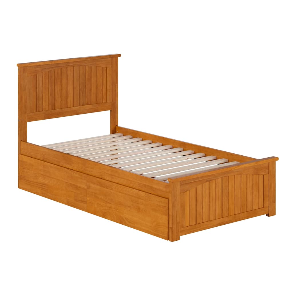Solid Wood Platform Bed Twin Size with Footboard & Storage Drawers - Light Toffee Finish