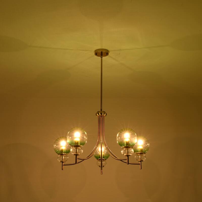 5-Light Mid-Century Modern Luxury Green Sputnik with Open/Bubble Glass Globe Shades Chandelier for Dining Room, Living Room