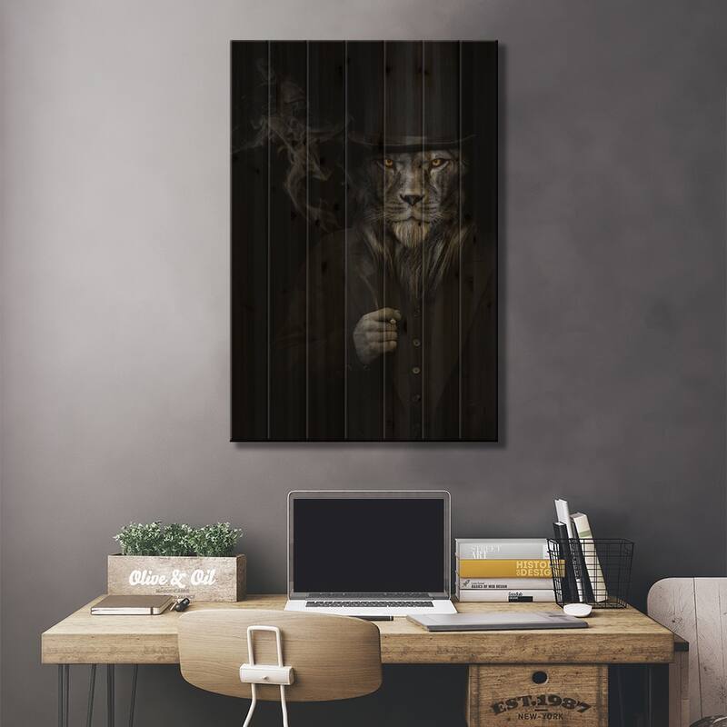 Man In The Form Of A Lion Person Smoking Animal Print On Wood by Adrian Vieriu - Multi-Color