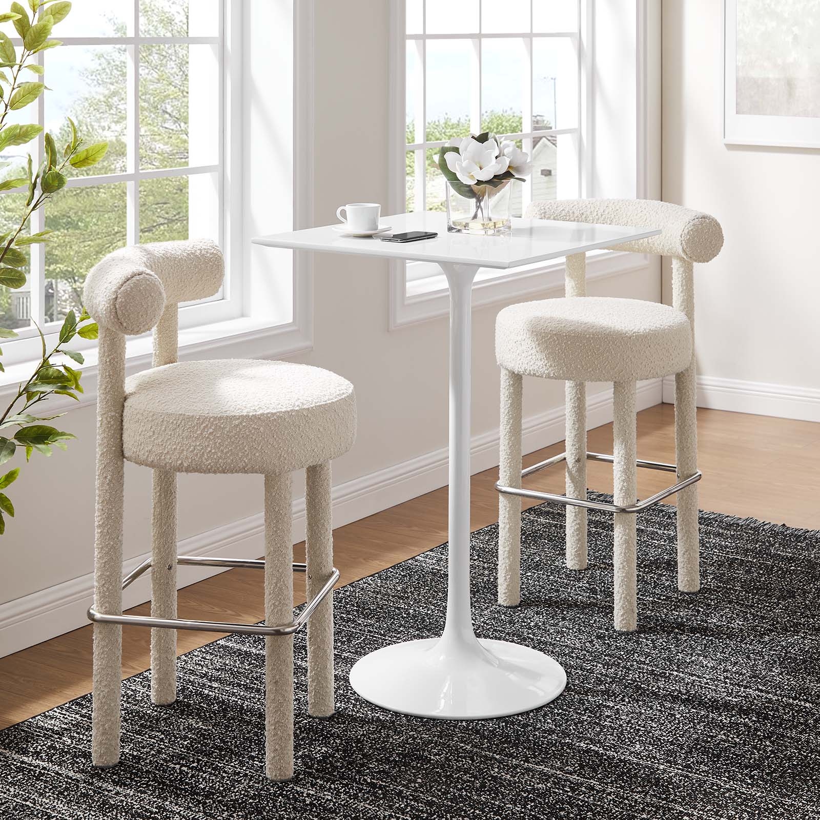 White bar shop table and stools
