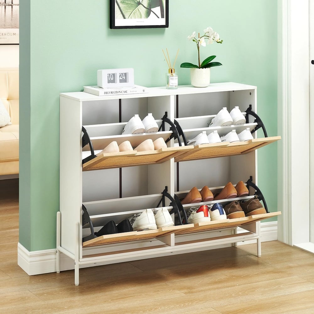Rattan Shoe Cabinet with 4 Flip Drawers and 1 Small Drawer