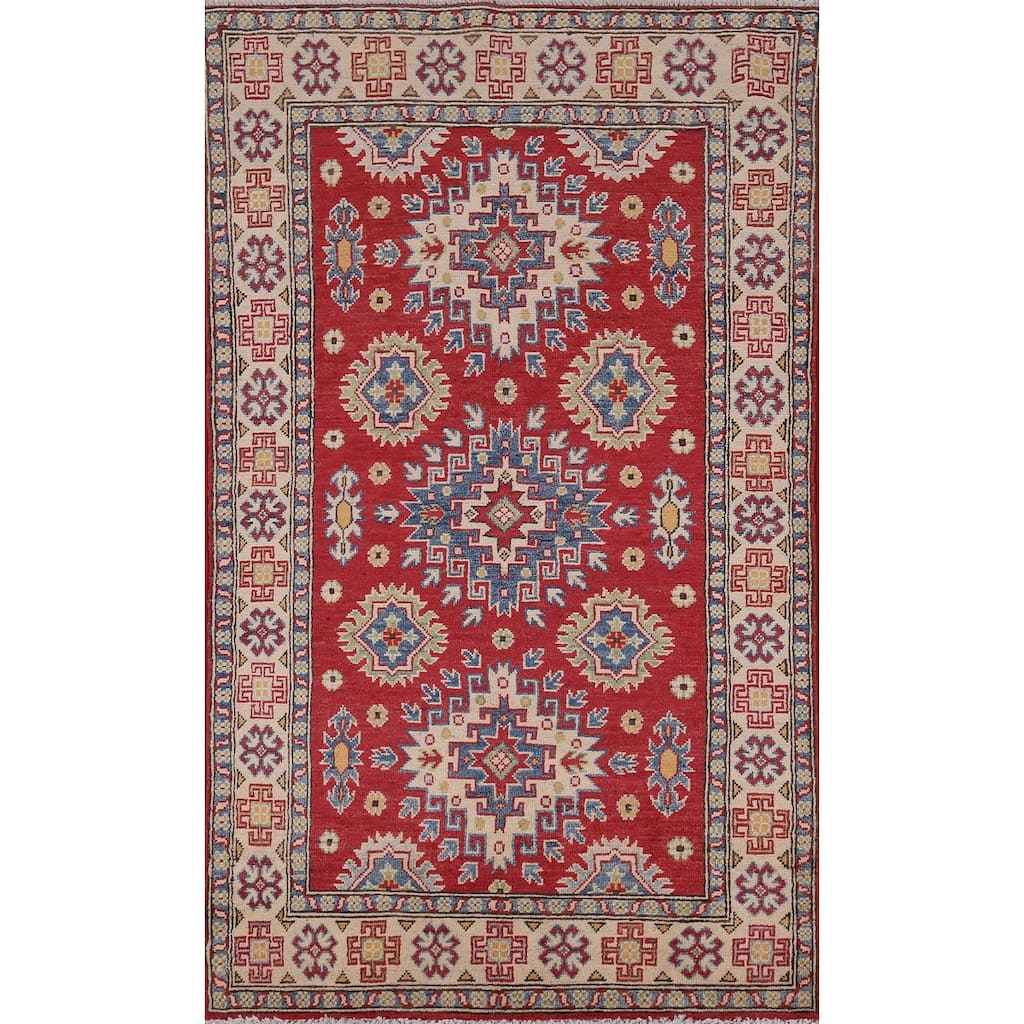 Geometric Kazak Foyer Rug Hand-Knotted Oriental Wool Carpet - 3'4" x 5'9"