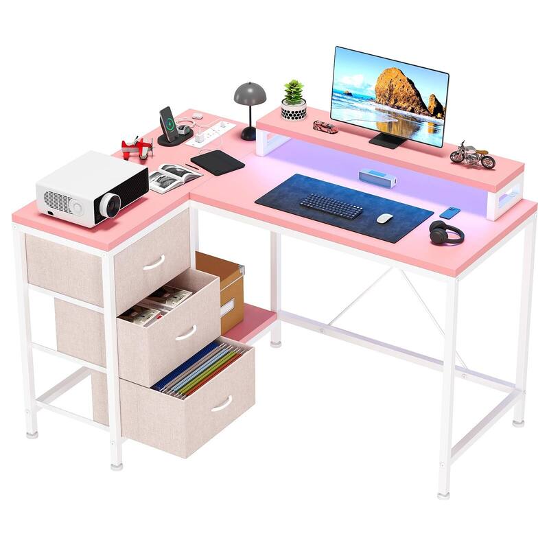 L Shaped Desk with Power Outlets & LED Lights - Pink