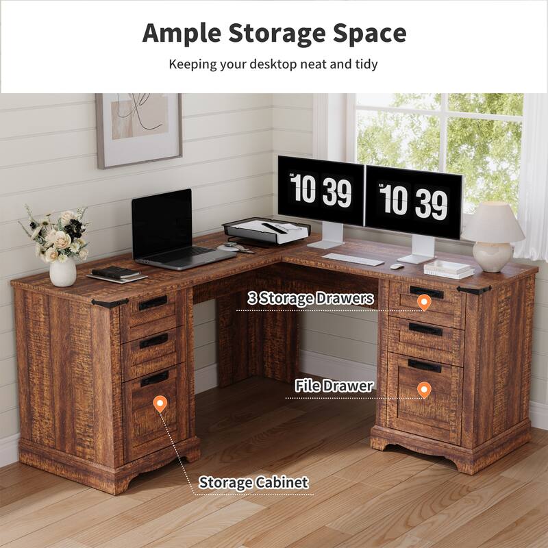 L Shaped Desk, Wood Office Desk with Charging Station, File Drawer