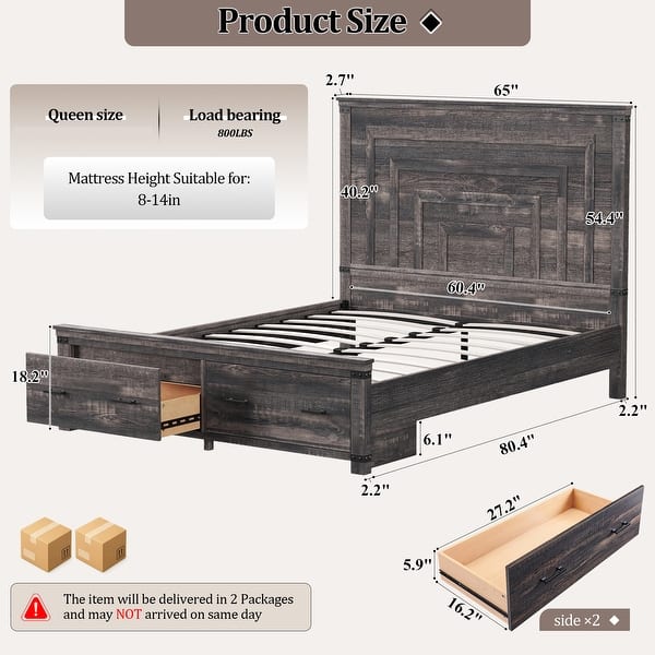dimension image slide 4 of 13, Farmhouse Wood Bed Frame with 54" Tall Headboard, 2 Large Drawers