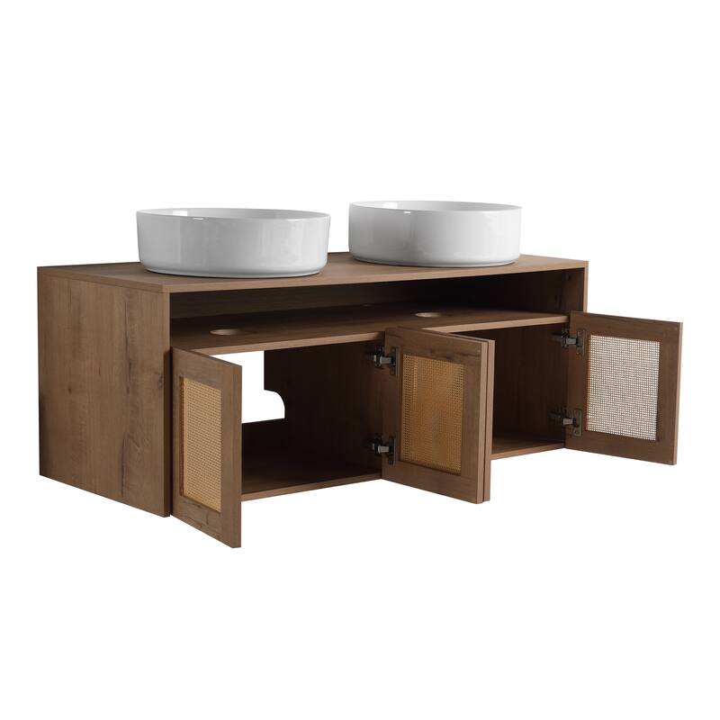 48" Bathroom Vanity with 2 Vessel Ceramic Sink Float Mounting Bathroom Storage Cabinet with 4-Soft Close Door