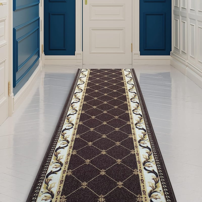 Custom Size French Trellis Design Brown,Red,Blue Color Non-Slip Rubber Backing- 31 Inch WidexYour Choice of Length Runner Rug
