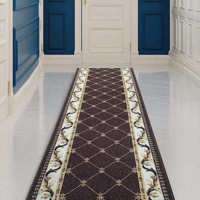 Custom Size French Trellis Design Brown,Red,Blue Color Non-Slip Rubber Backing- 31 Inch WidexYour Choice of Length Runner Rug