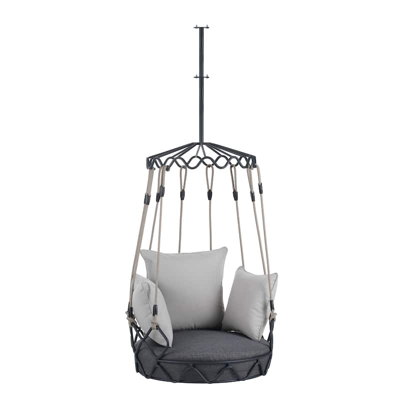 Outdoor Balcony Swing Chair with Thick Cushion and Sturdy Nylon Rope Frame for Patio Garden Porch Indoor Use Supports 300 lbs