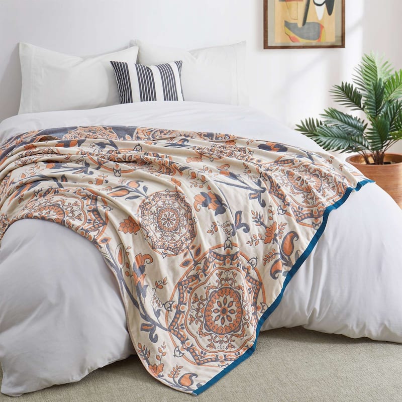 100% Cotton Boho Floral Thermal Breathable Jacquard Throw Blankets