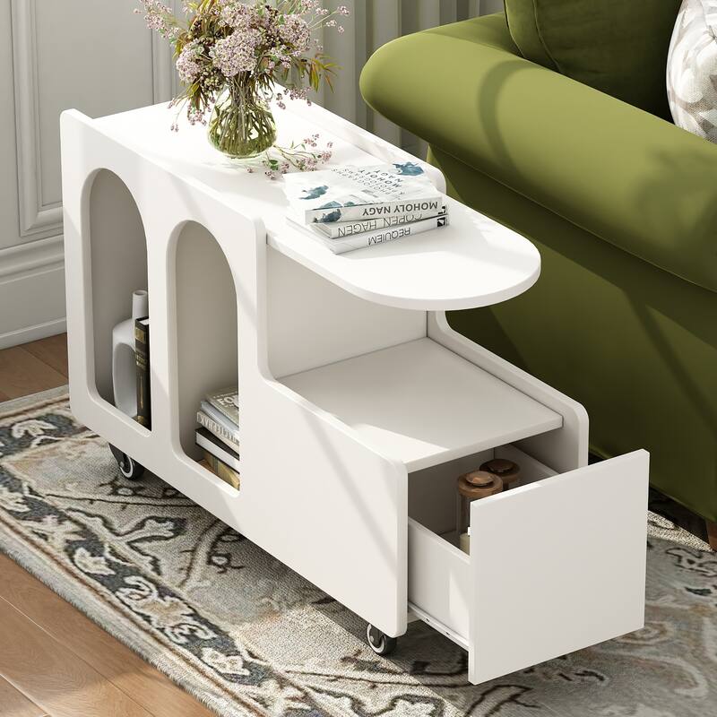 Mobile End Table with lockable wheels, Side Table with Storage Drawer, 11.8inch Narrow Nightstand with Multi-layer Storage