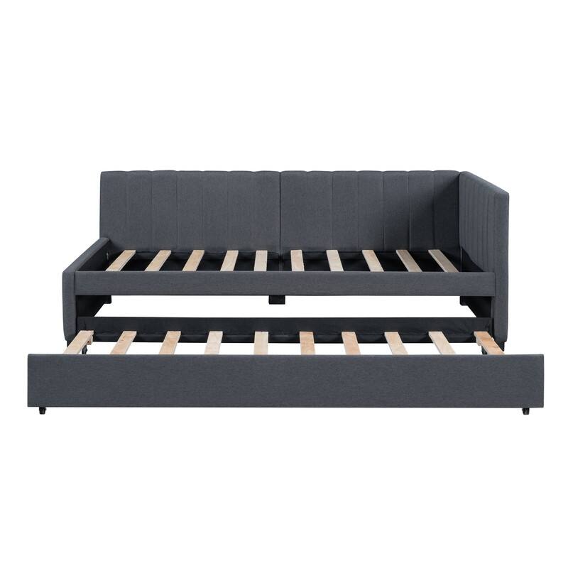 Upholstered Daybed with Twin Size Trundle, Twin Size inen Fabric Sofa Bed Frame with L-Shaped Headboard, No Box Spring Needed