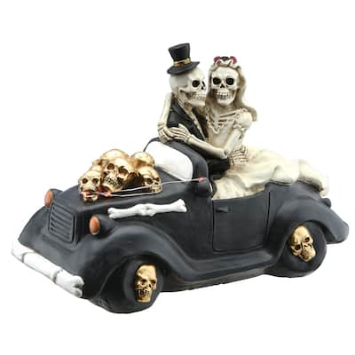 National Tree Company Halloween Skeleton Bride and Groom in Black Car, LED Lights, 8 inches - 8 in