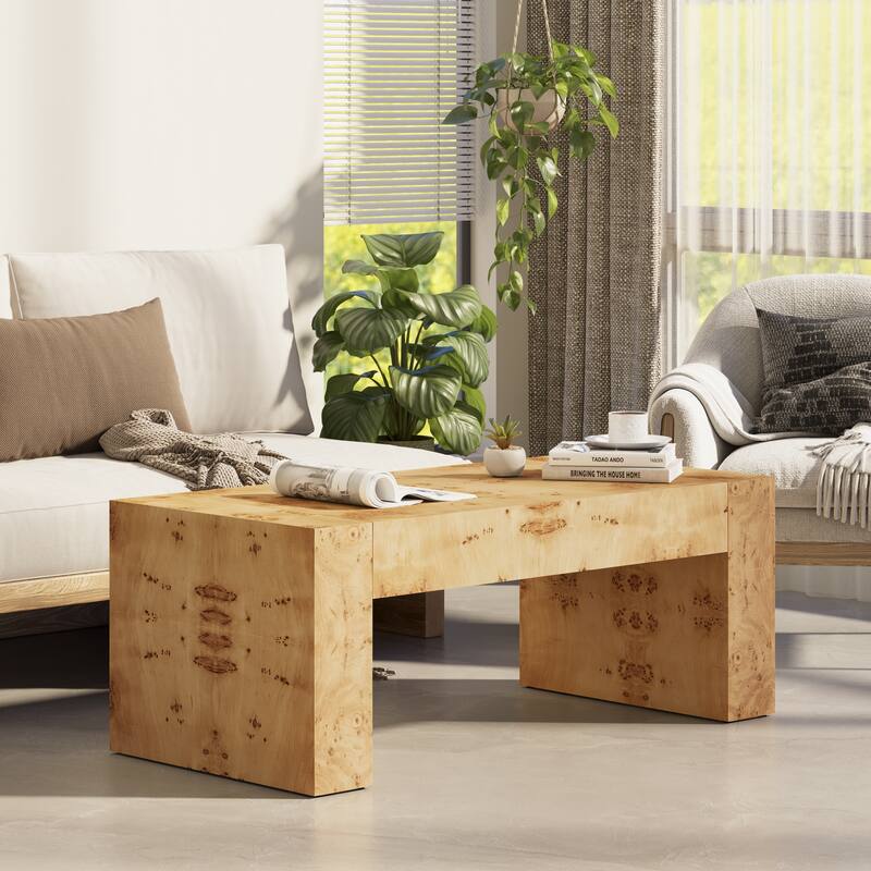 COZAYH Rustic Wood Coffee Table with Burl Finish, Farmhouse Style Center Table with Chunky Block-Legs, Lounge, Rectangular