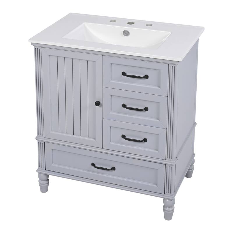 30" Bathroom Vanity wCeramic Sink, Cushioning Door & Drawers, Solid Wood Legs & MDF Board, Adiustable Foot Pads Bathroom Cabinet