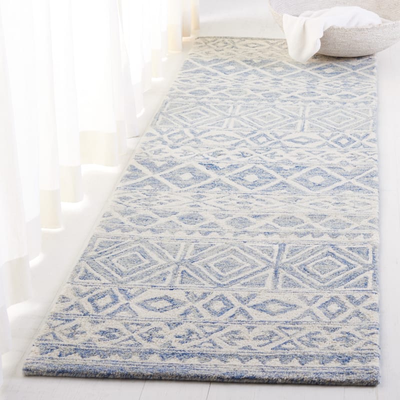 Lauren Ralph Lauren Handmade Theresa Blue Geometric Wool Area Rug - 2'3" x 8' Runner - Ivory/Blue