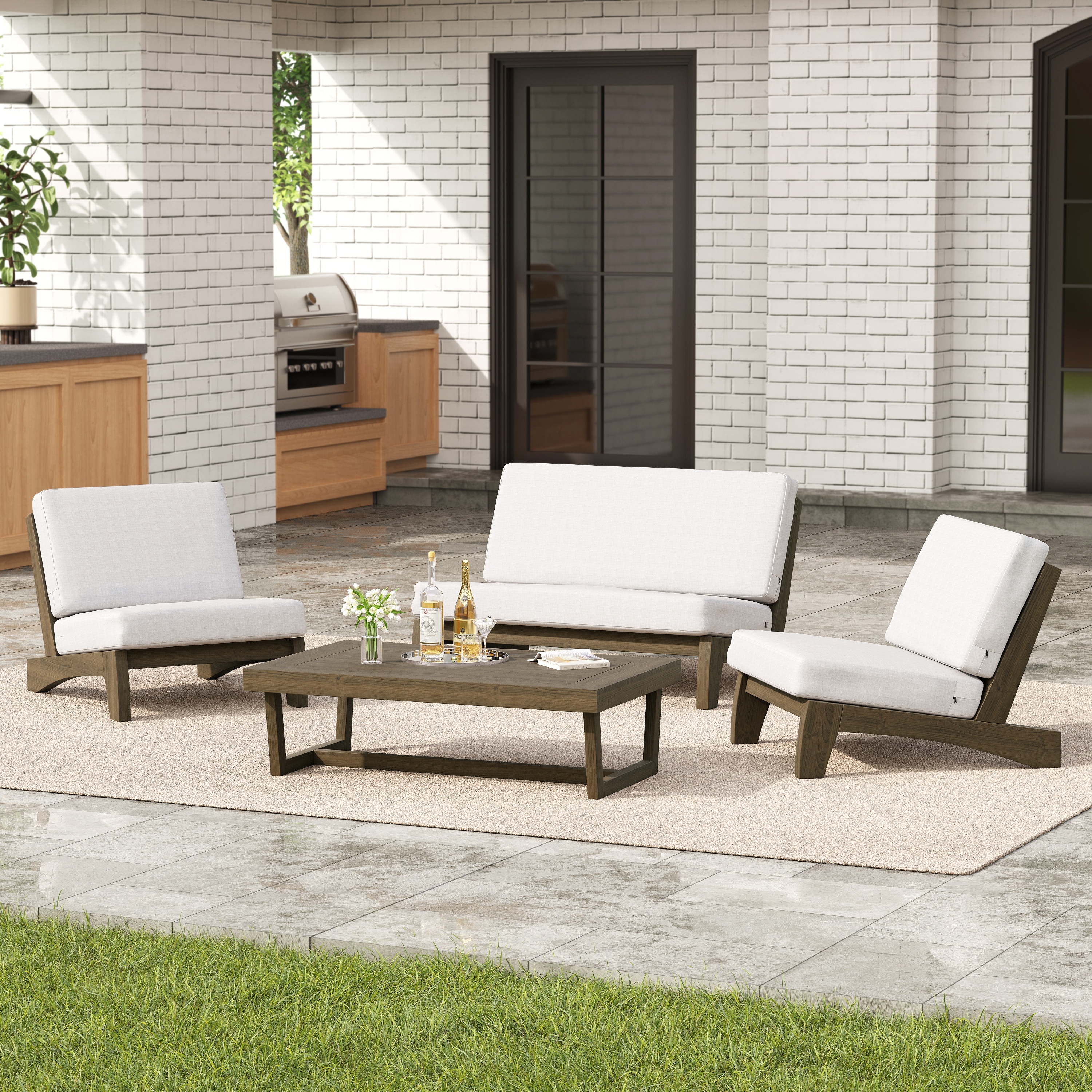 4 Set Outdoor Patio Teak Wood Club Chairs Loveseat with Coffee Table