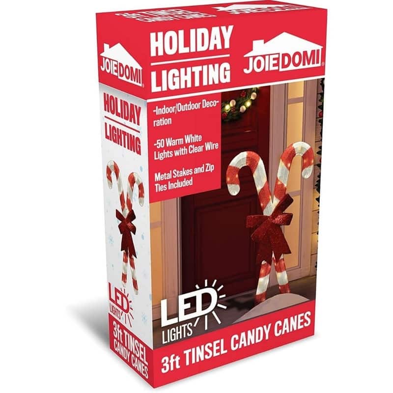 Joyfy Christmas Candy Canes Tinsel Yard Light Decorations, 50 Pre-Lit LED Warm White Lights - Red