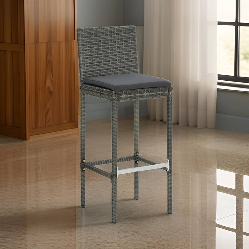 Outdoor Barstool Chair Set of 2, Gray Rattan, Black Fabric Cushions