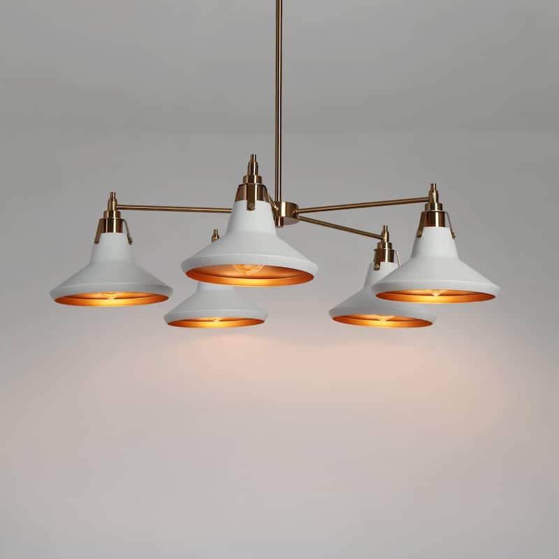 Modern 5-Light Gold Wagon Wheel Chandelier White Metal Shade Pendant Lights for Dining Room - 33" D x 9" H