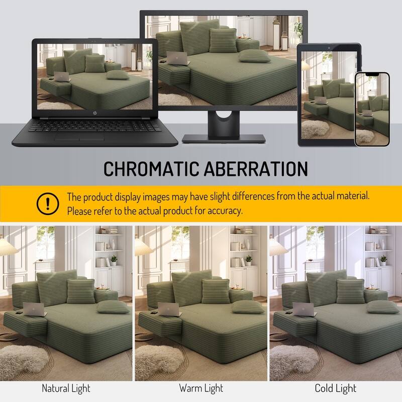 Luxurious Plush Corduroy Chaise Lounge Convertible Sofa Bed with Storage Pocket and Wide Armrests