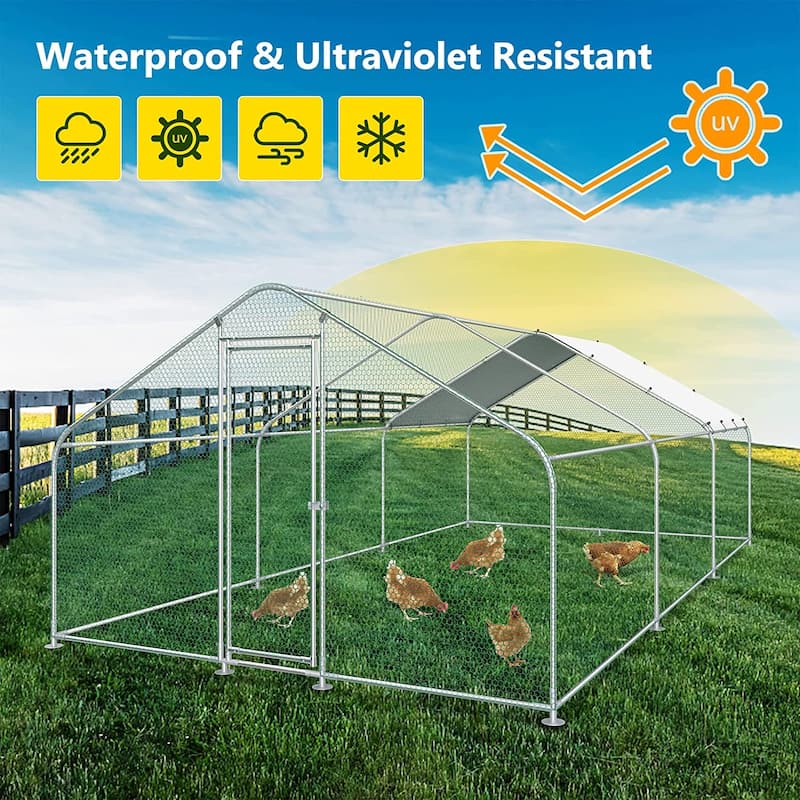 Large Metal Chicken Coop Run with Waterproof Cover - 20’L x 10’W x 6.56’