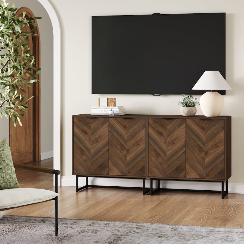 Nathan James Enloe Rustic Doors Metal Base Free Standing Modern Storage Cabinet for Entryway - Walnut/Black Set of 3