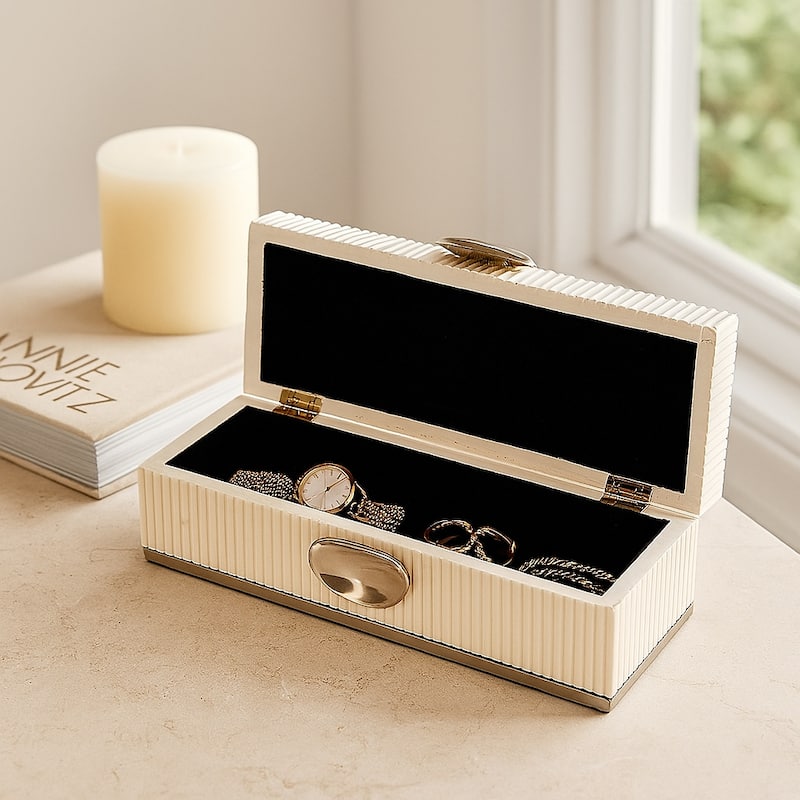 Modern Ribbed Keepsake Box with Metal Closure and Lid - 16.5", Cream - 16.25"