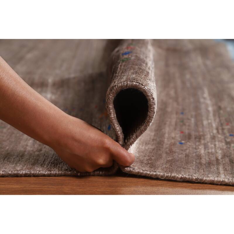 Hand Knotted Oriental Viscose Silk Carpet Tribal Stripe Greys & Charcoal Gabbeh Area Rug - 9' 7'' X 8' 5''