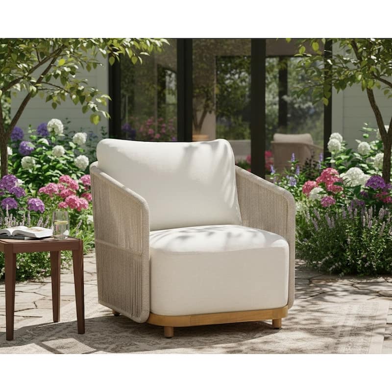 Alpine Teak Wood Outdoor Arm Chair with Rope Design - Beige