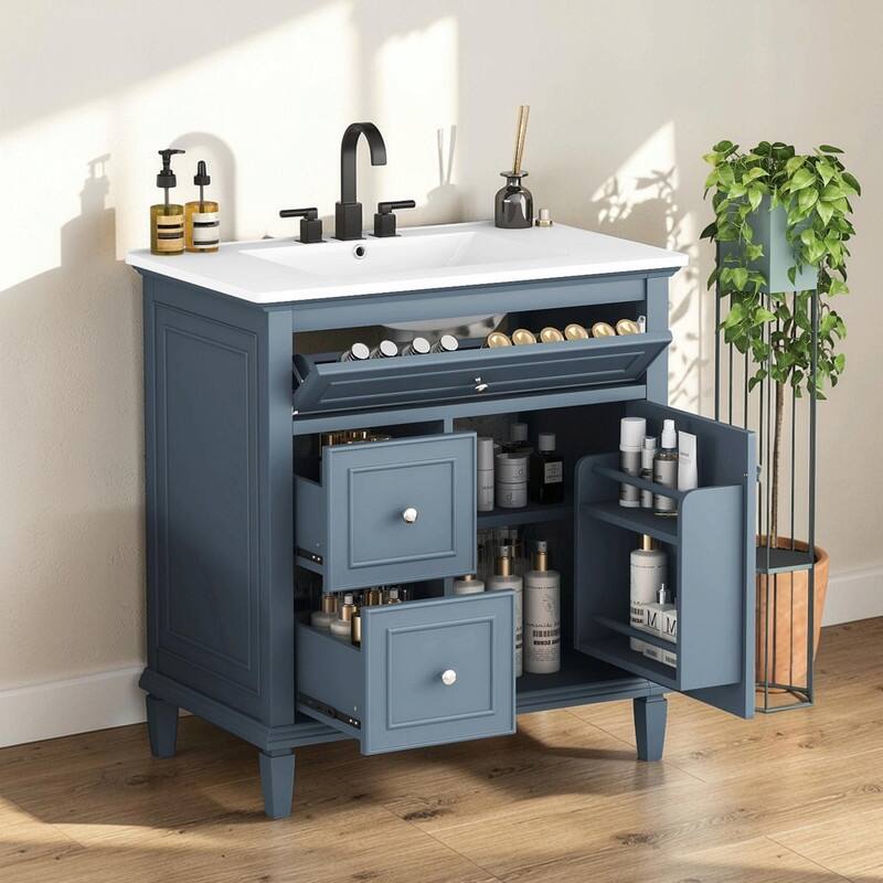 30 Inch Bathroom Vanity with Sink, Modern Vanity Cabinet with One Flip Drawer and Two Storage Drawers